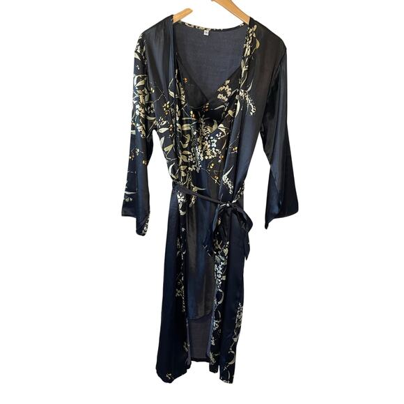 Whimsy Goth Boho Black Silky Floral Long Sleeve Bath Robe & Slip Mini Dress Sm - Picture 1 of 16